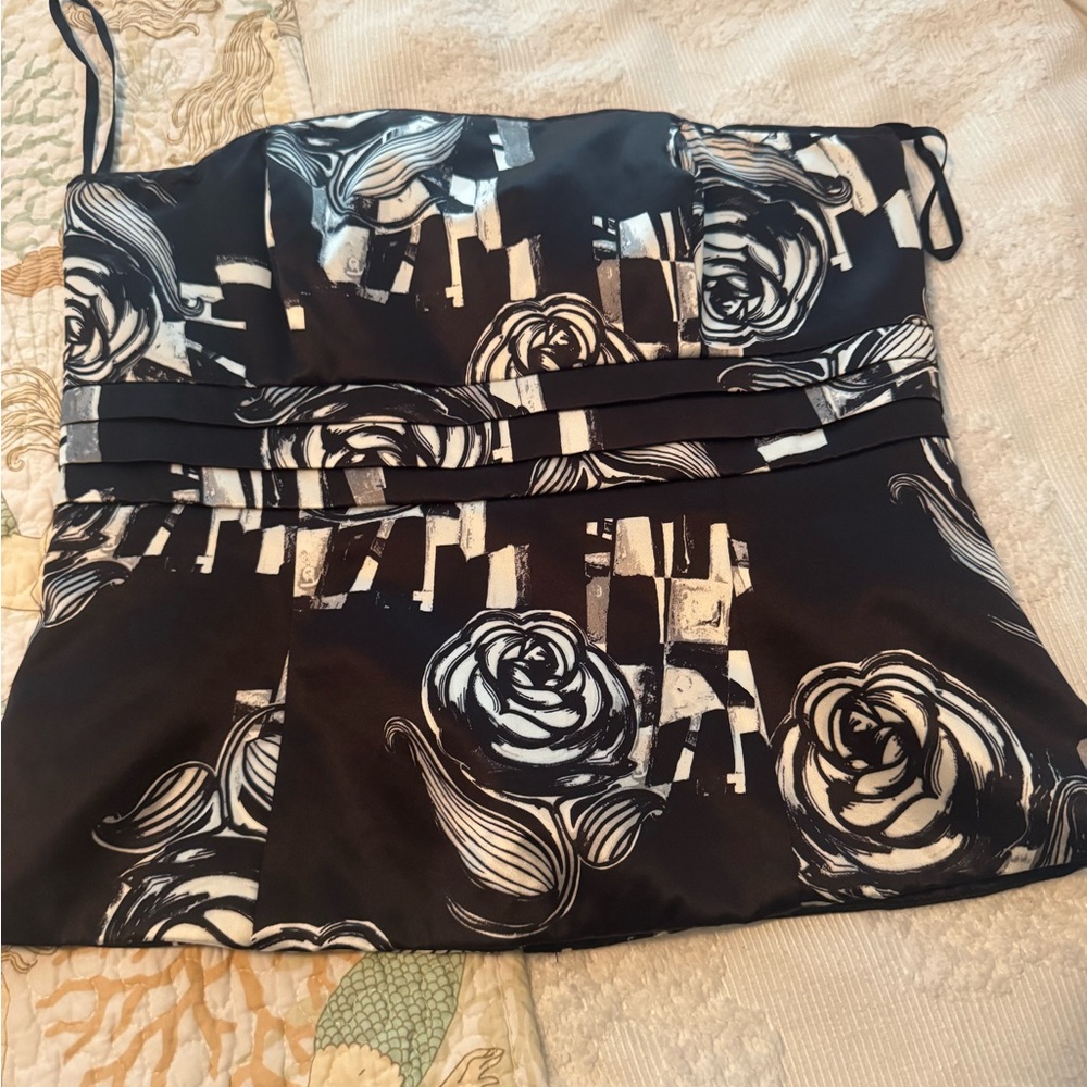 White House Black Market Strapless Dress with Black and White Rose Pattern